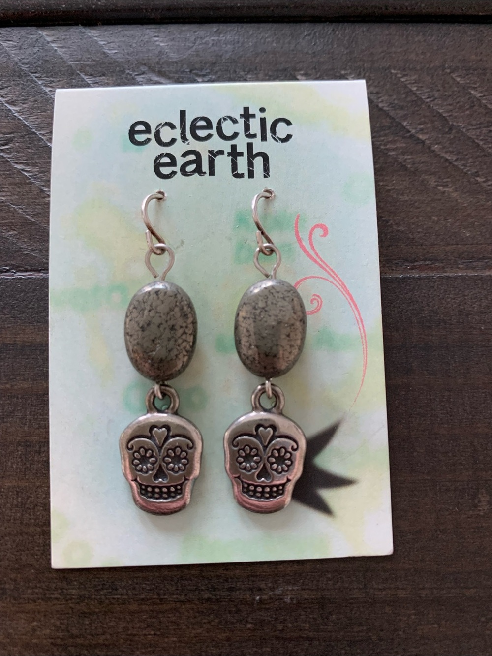 Eclectic Earth Sugar Skull Pyrite Gemstone Drop Earrings Hand made Boho Sterling